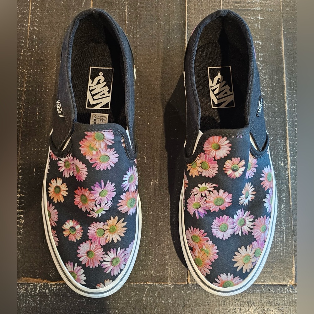 Womens Vans Black Slip-Ons with Pink Floral Pattern